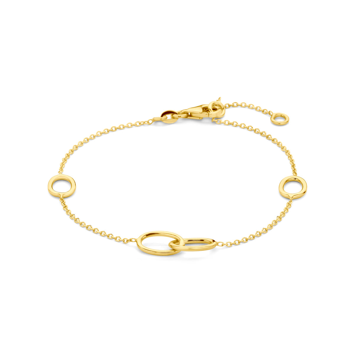 Vooraanzicht van de gouden armband met ovaaltjes van 14 karaat.