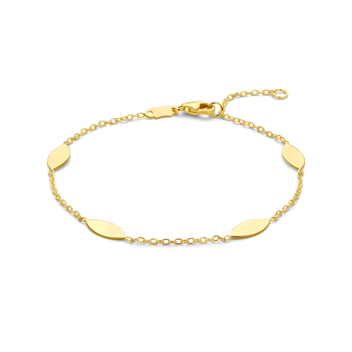 Vooraanzicht van de gouden armband met ovale plaatjes van 14 karaat.