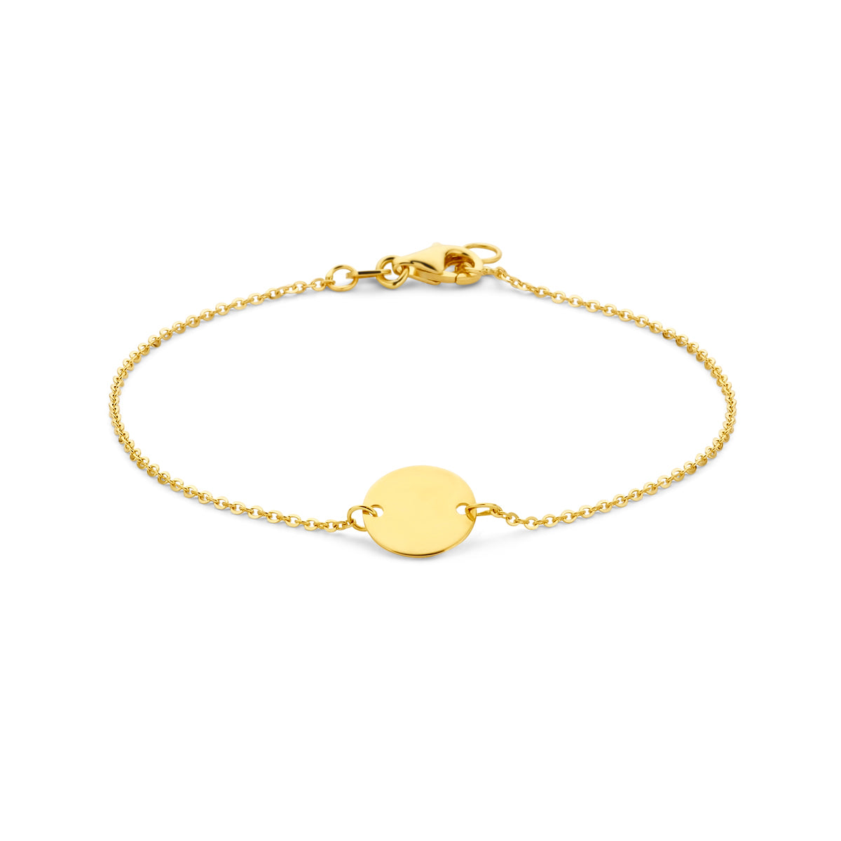 Vooraanzicht van de gouden armband met rond plaatje van 14 karaat.