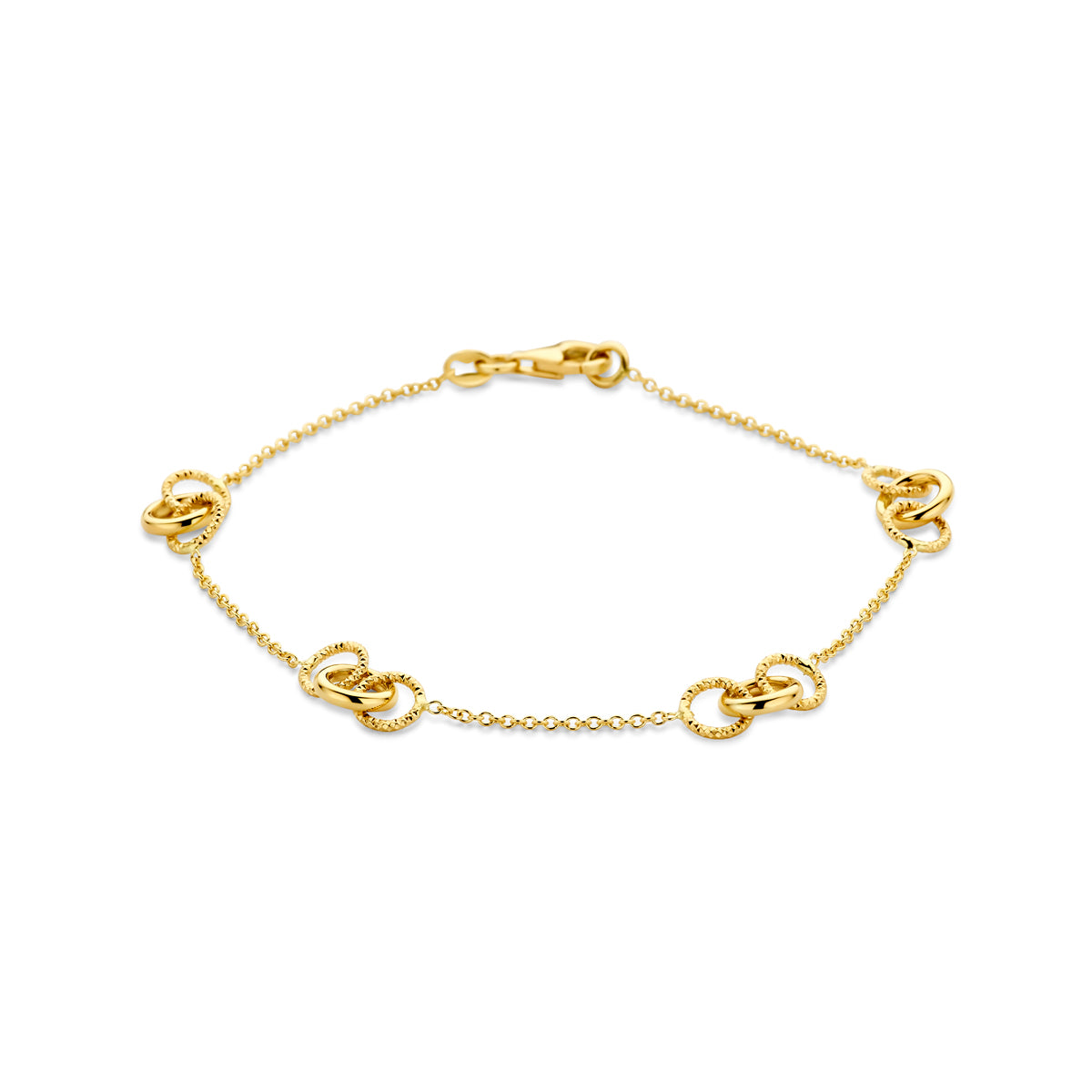 Vooraanzicht van de gouden armband met rondjes van 14 karaat.