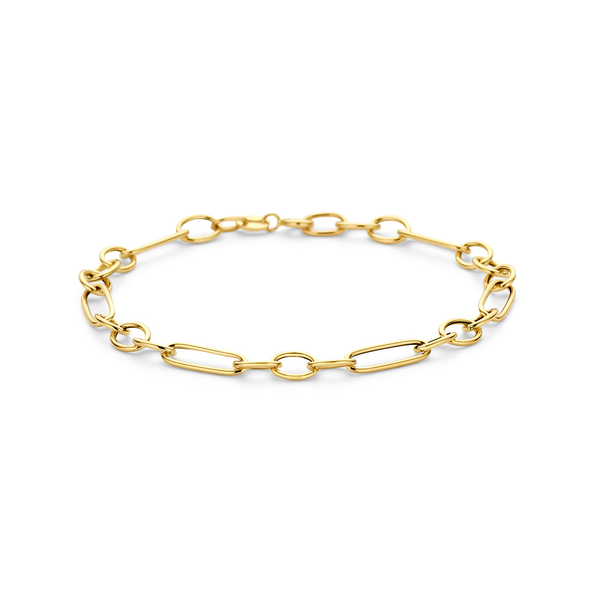 Vooraanzicht van de 14 karaat gouden armband met ovale schakels, 19 cm lang.