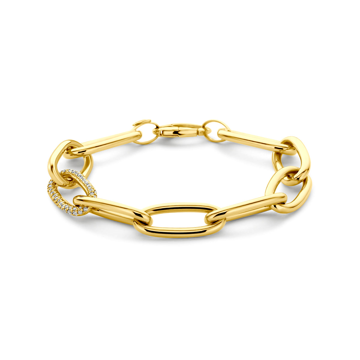 Vooraanzicht van de 14 karaat gouden armband met paperclip schakel en lab grown diamant 1,22 ct, 20 cm lang.