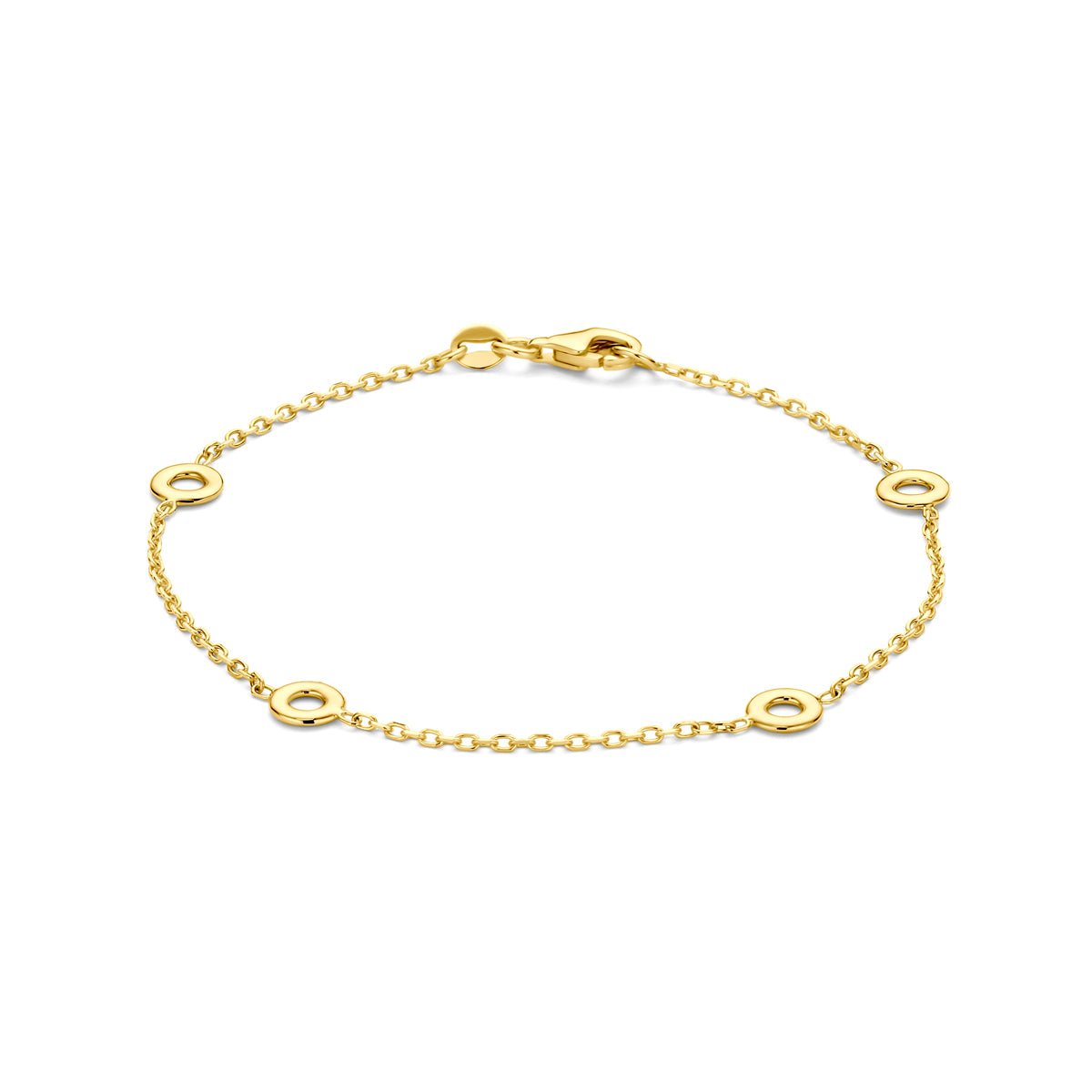 Vooraanzicht van de 14 karaat gouden armband ronde details, 19 cm lang.