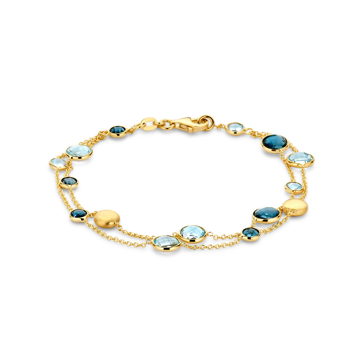 Vooraanzicht van de 14 karaat gouden armband met sky blue en london blue topaas, 19 cm lang.
