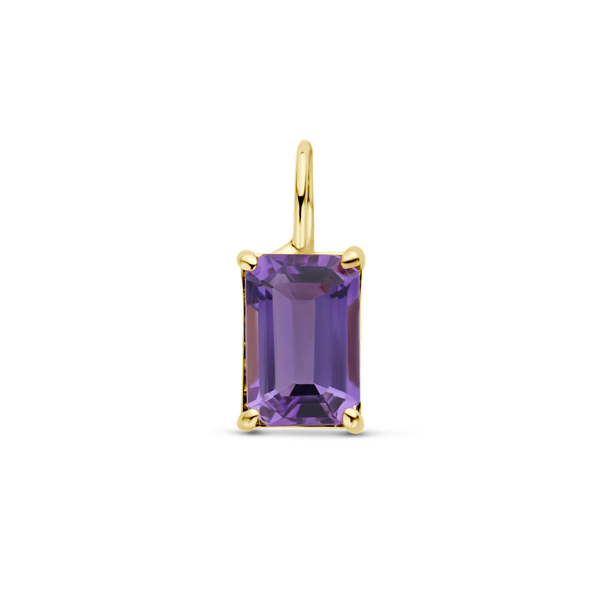 Vooraanzicht van de gouden hanger met amethist van 14 karaat.