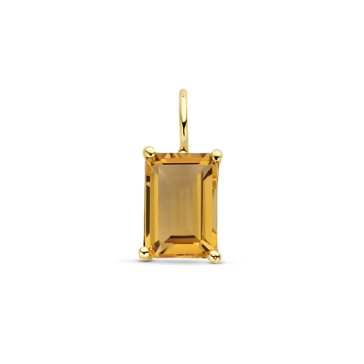 Vooraanzicht van de gouden hanger met citrien van 14 karaat.