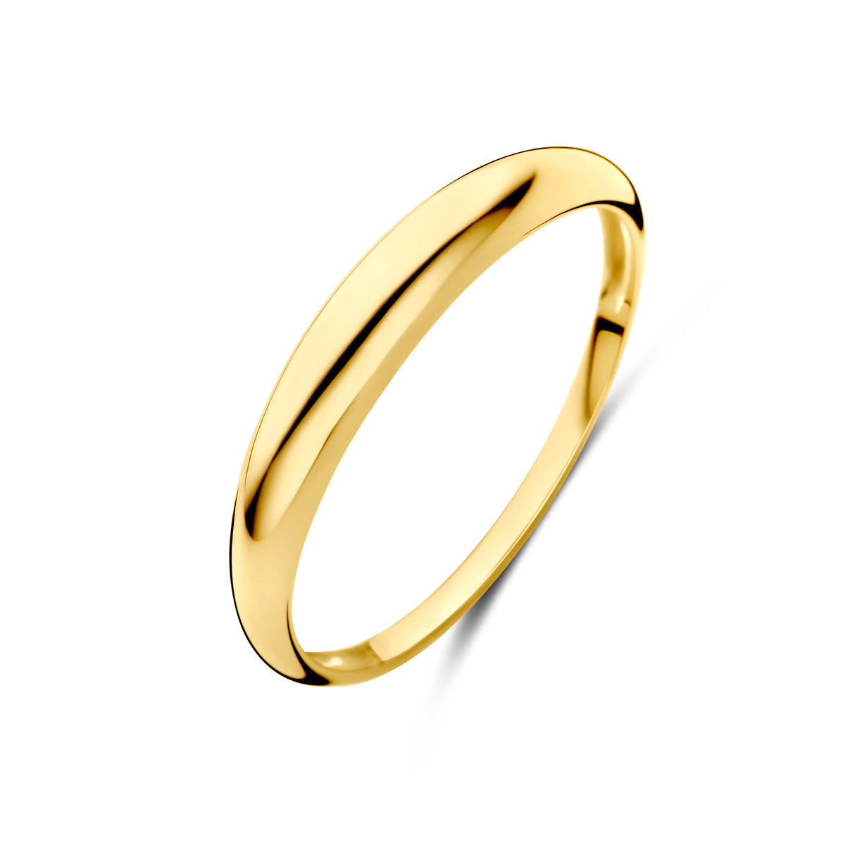 Schuin bovenaanzicht van de gouden balloon ring van 14 karaat.