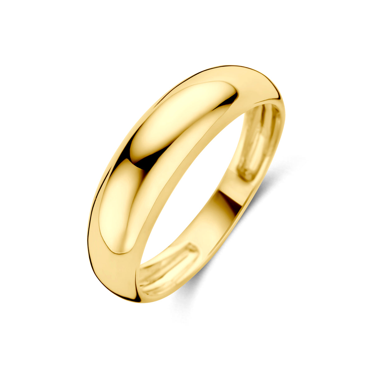Schuin bovenaanzicht van de gouden balloon ring van 14 karaat.