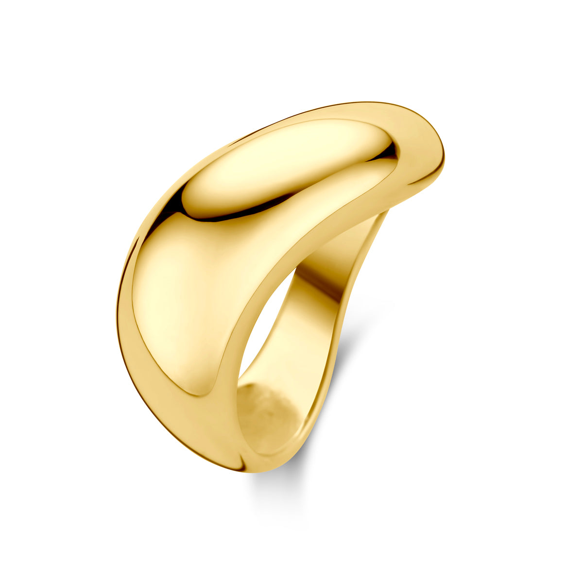 Schuin bovenaanzicht van de gouden balloon ring van 14 karaat.