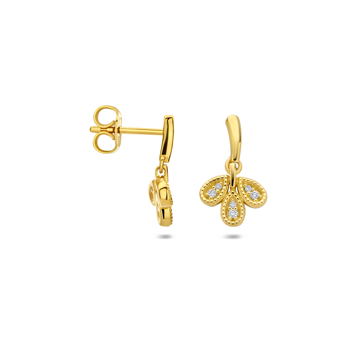 Voor- en zijaanzicht van de gouden blaadjes oorhangers met diamant van 14 karaat.