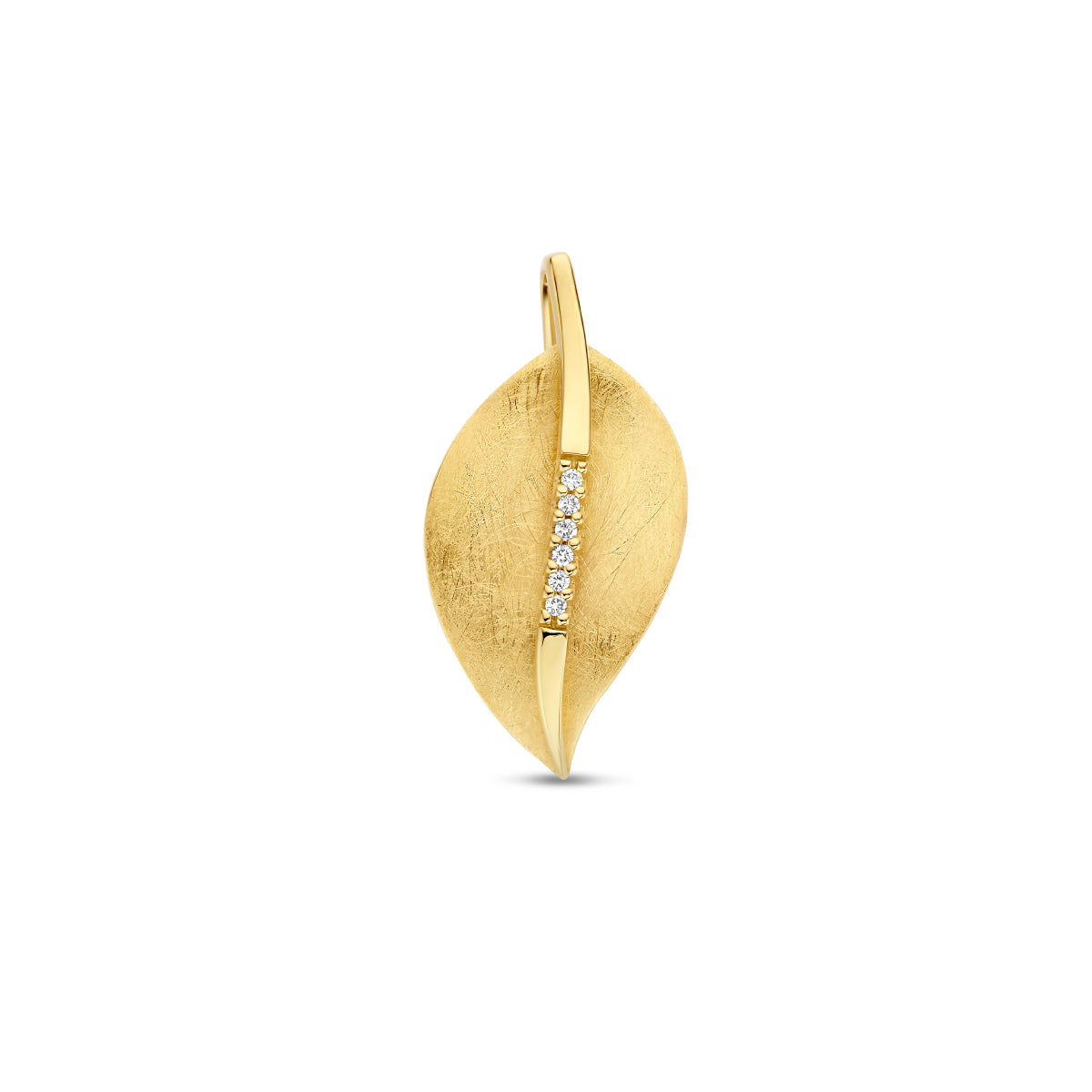 Vooraanzicht van de gouden blad hanger met diamant van 14 karaat.