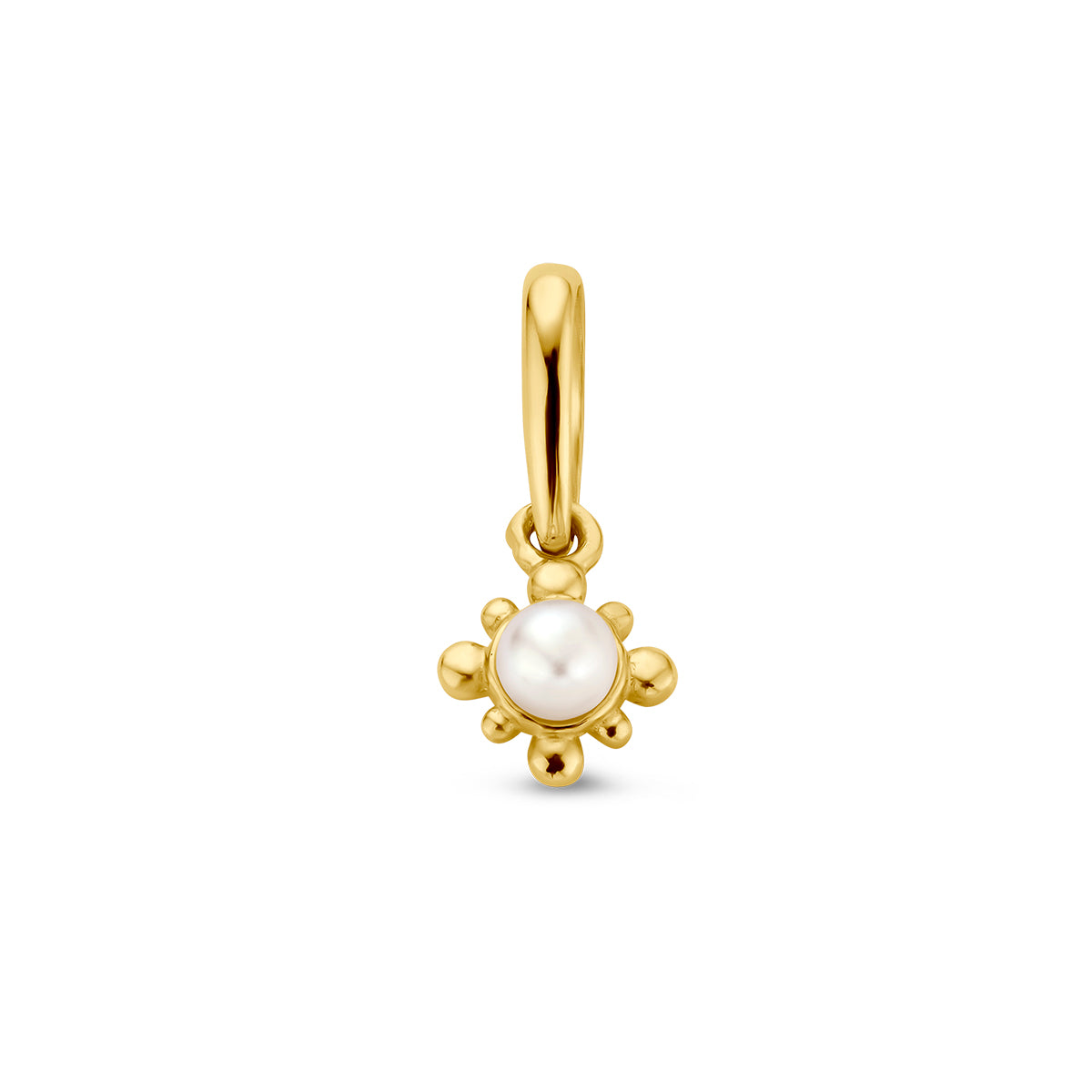 Vooraanzicht van de gouden bloem hanger met parel van 14 karaat.