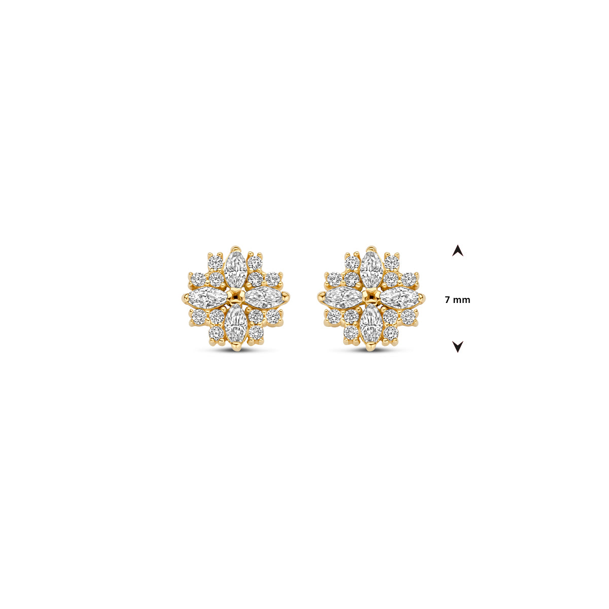 Afmetingen van de gouden bloem oorknopjes met zirkonia van 14 karaat: 7 mm doorsnede.