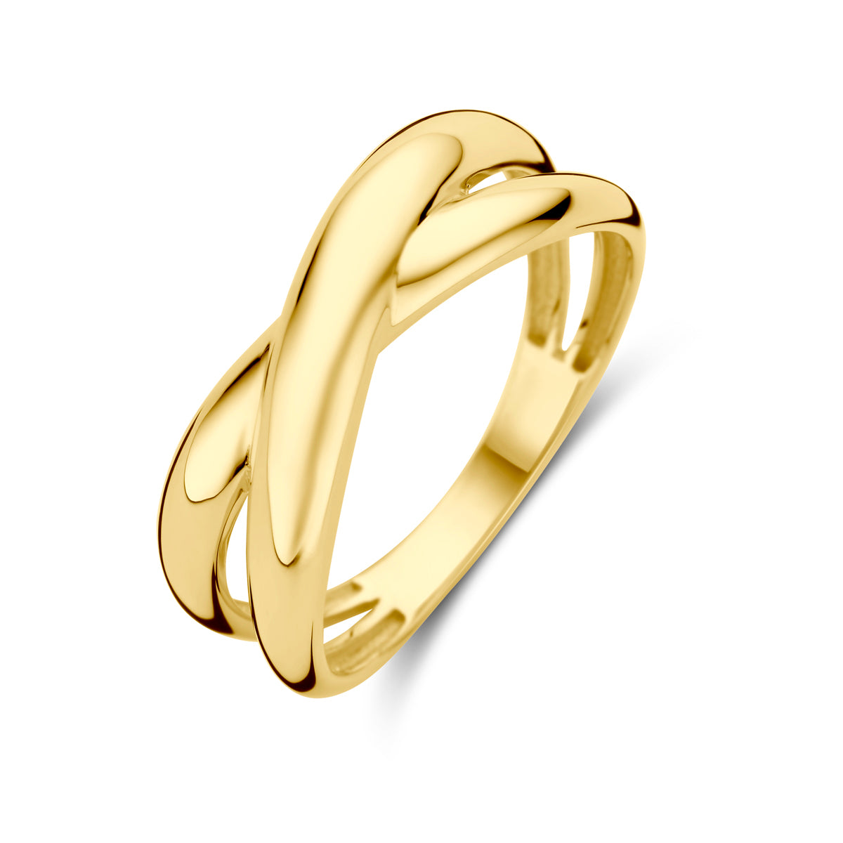 Schuin bovenaanzicht van de gouden brede gekruiste ring van 14 karaat.