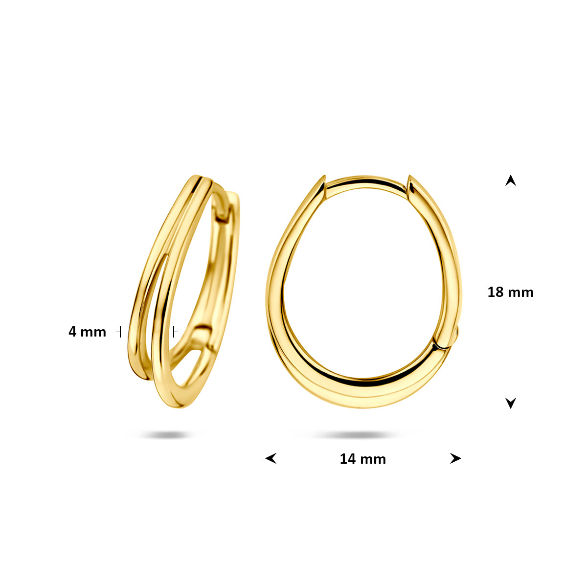 Afmetingen van de gouden brede klapoorringen van 14 karaat: 18 mm hoog en 14 mm breed.