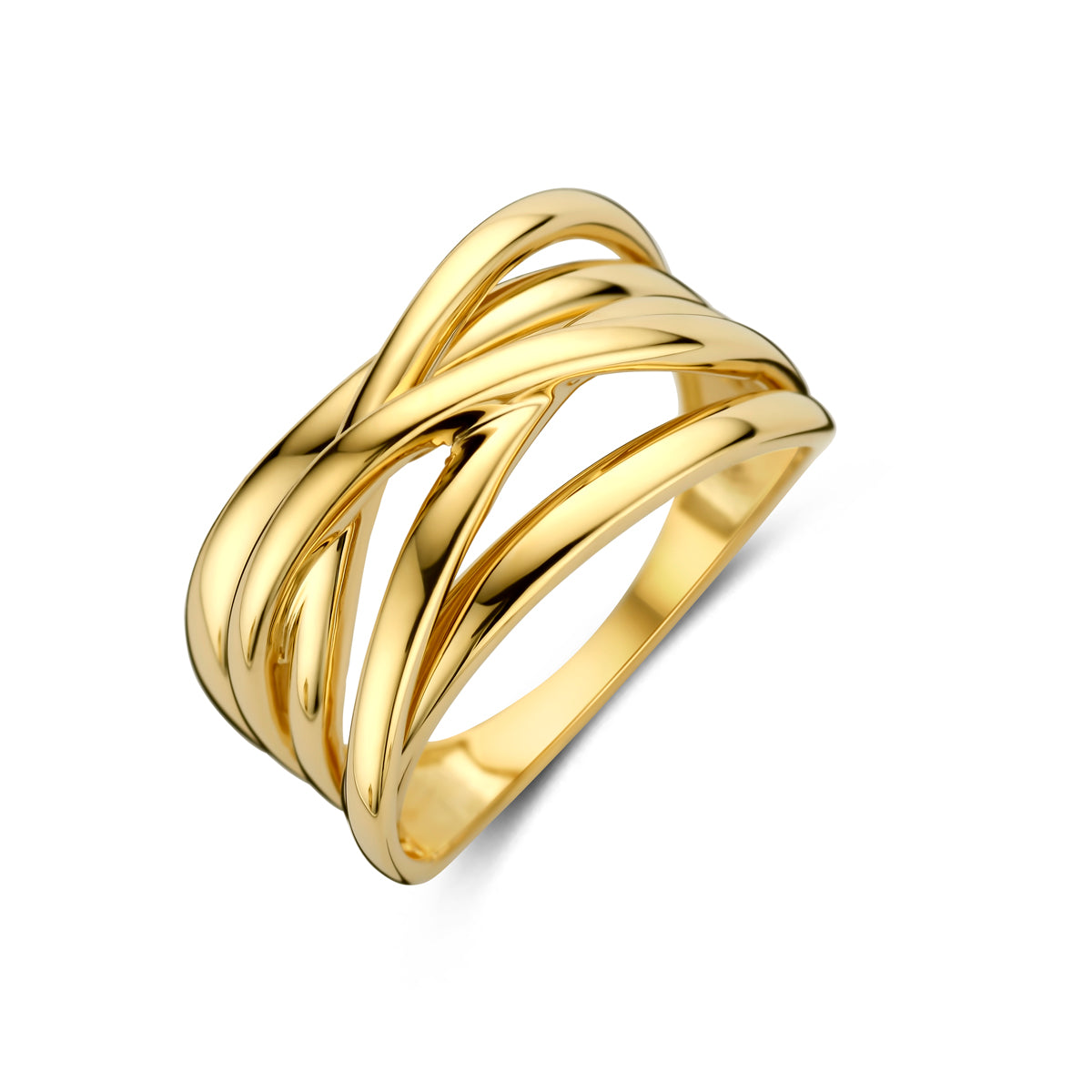 Schuin bovenaanzicht van de gouden brede ring van 14 karaat.