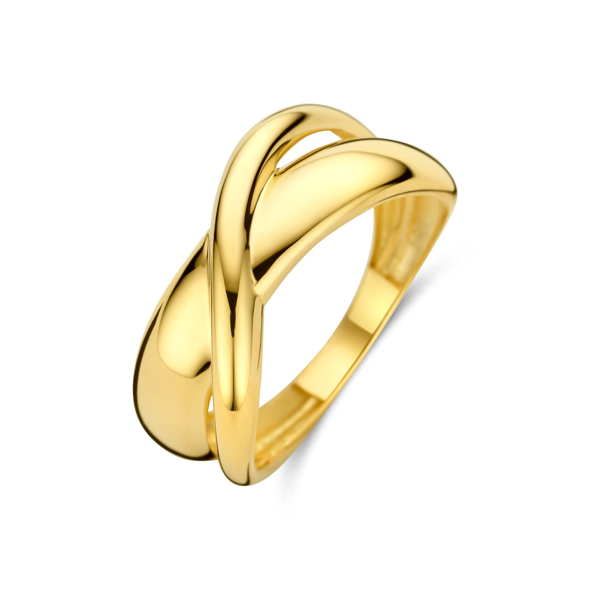 Schuin bovenaanzicht van de gouden brede ring van 14 karaat.