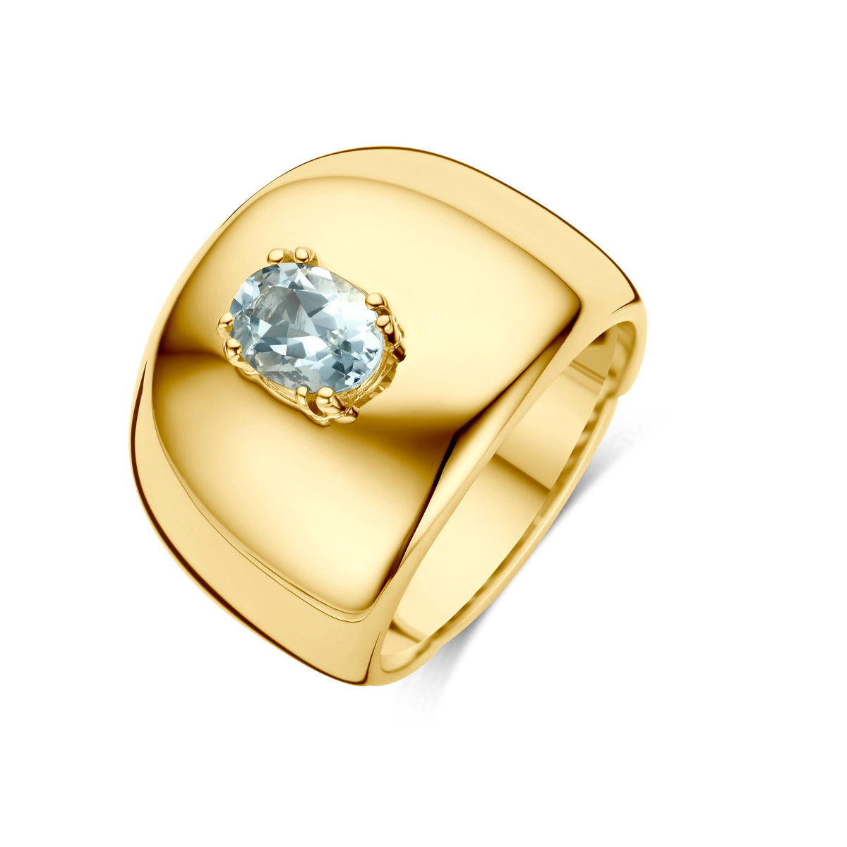 Schuin bovenaanzicht van de gouden brede ring met aquamarijn van 14 karaat.