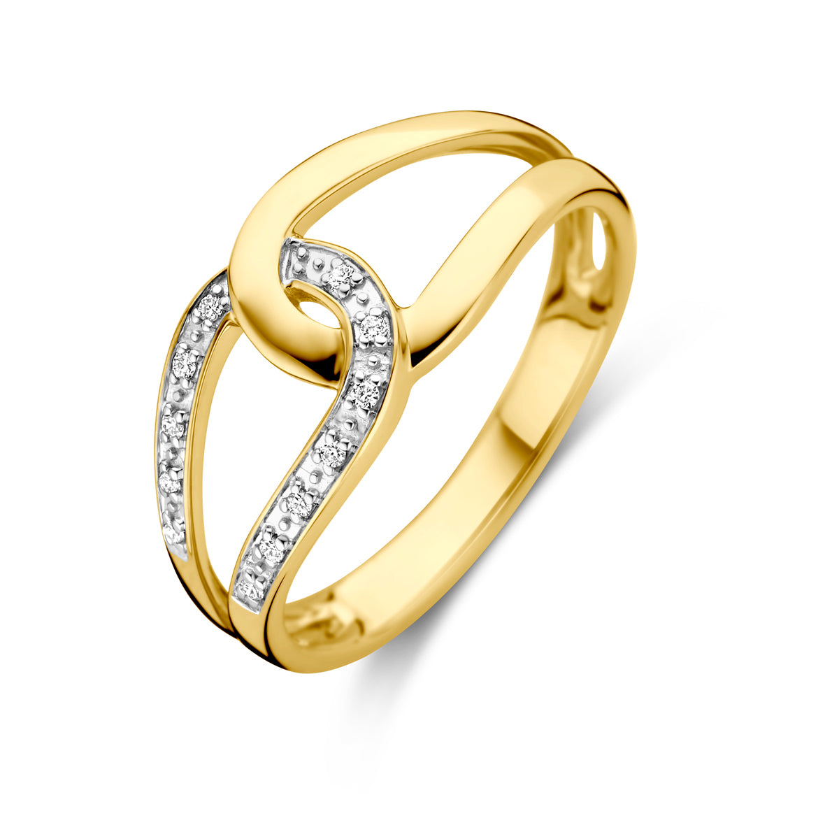 Schuin bovenaanzicht van de gouden brede ring met diamant van 14 karaat.