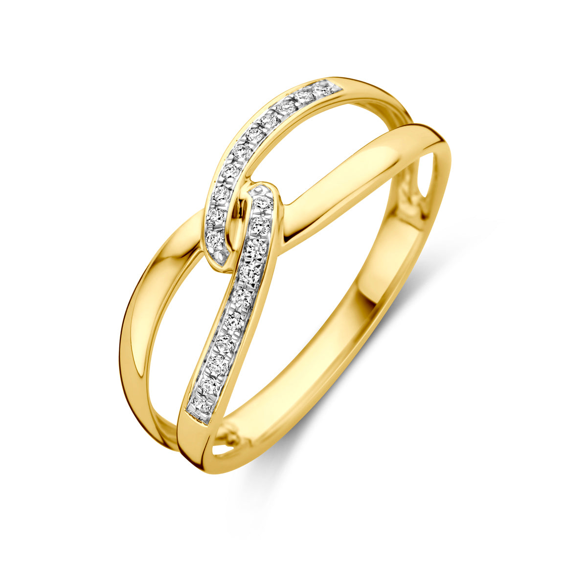 Schuin bovenaanzicht van de gouden brede ring met diamant van 14 karaat.