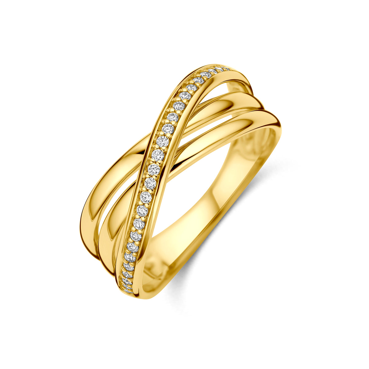 Schuin bovenaanzicht van de gouden brede ring met diamant van 14 karaat.