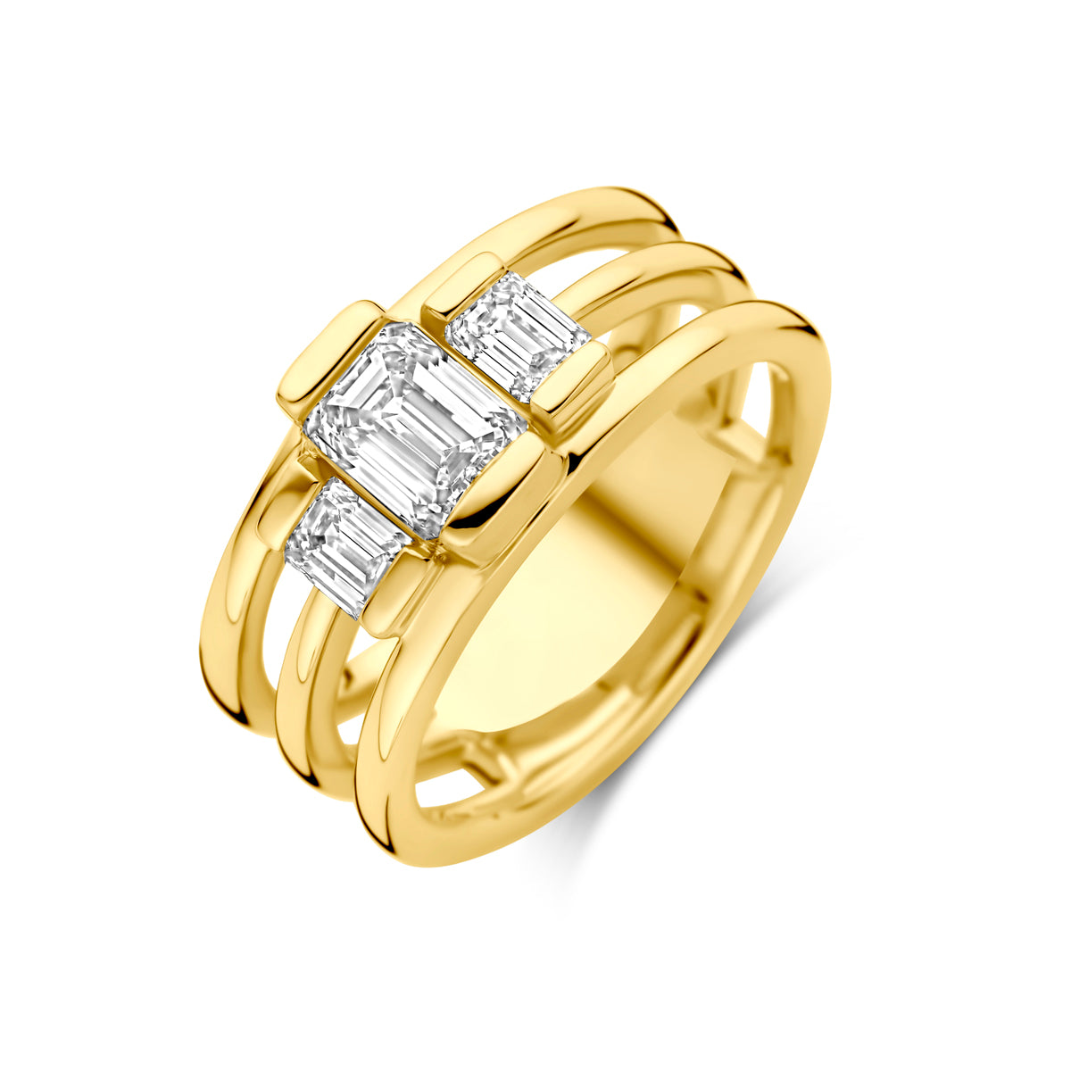 Schuin bovenaanzicht van de gouden ring met lab grown diamant van 14 karaat.