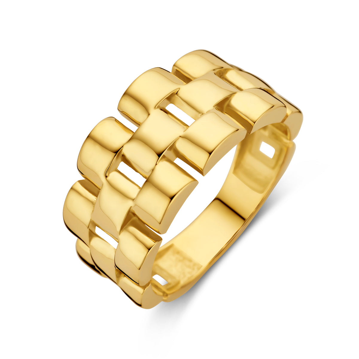Schuin bovenaanzicht van de gouden brede schakel ring van 14 karaat.