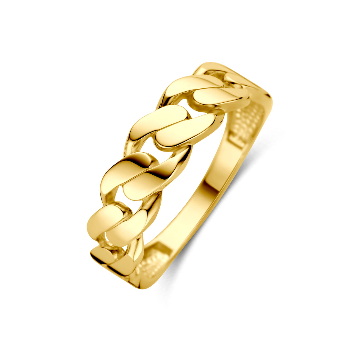 Schuin bovenaanzicht van de gouden schakel ring van 14 karaat.