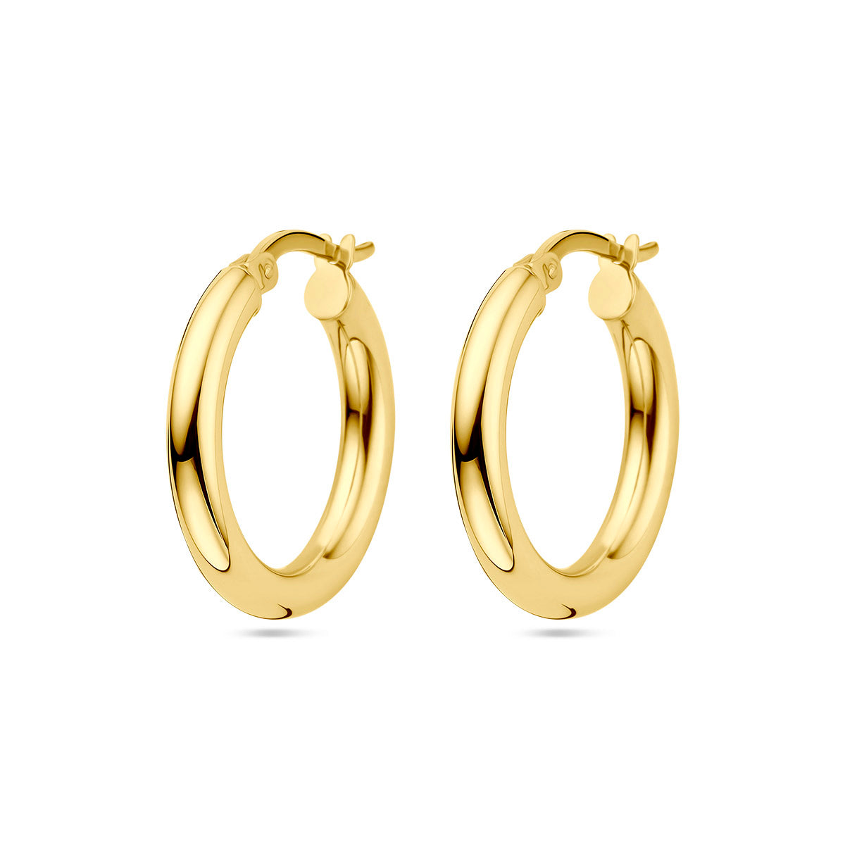 Vooraanzicht van de gouden buis oorringen van 14 karaat van 21 mm.