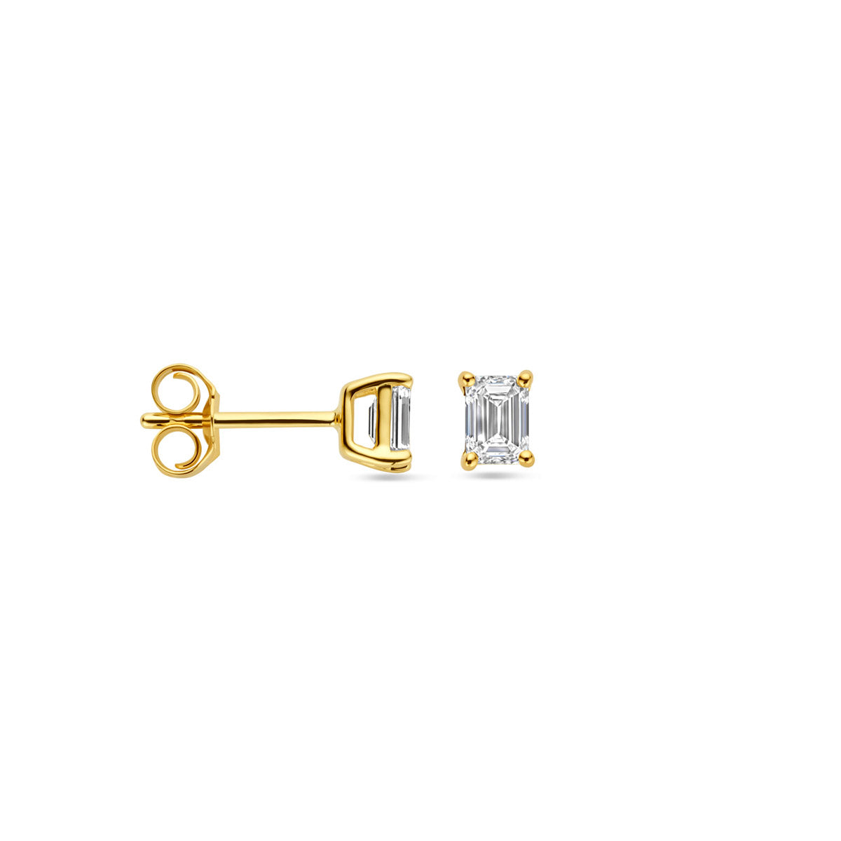 Voor- en zijaanzicht van de gouden oorknopjes met lab grown diamant van 14 karaat.