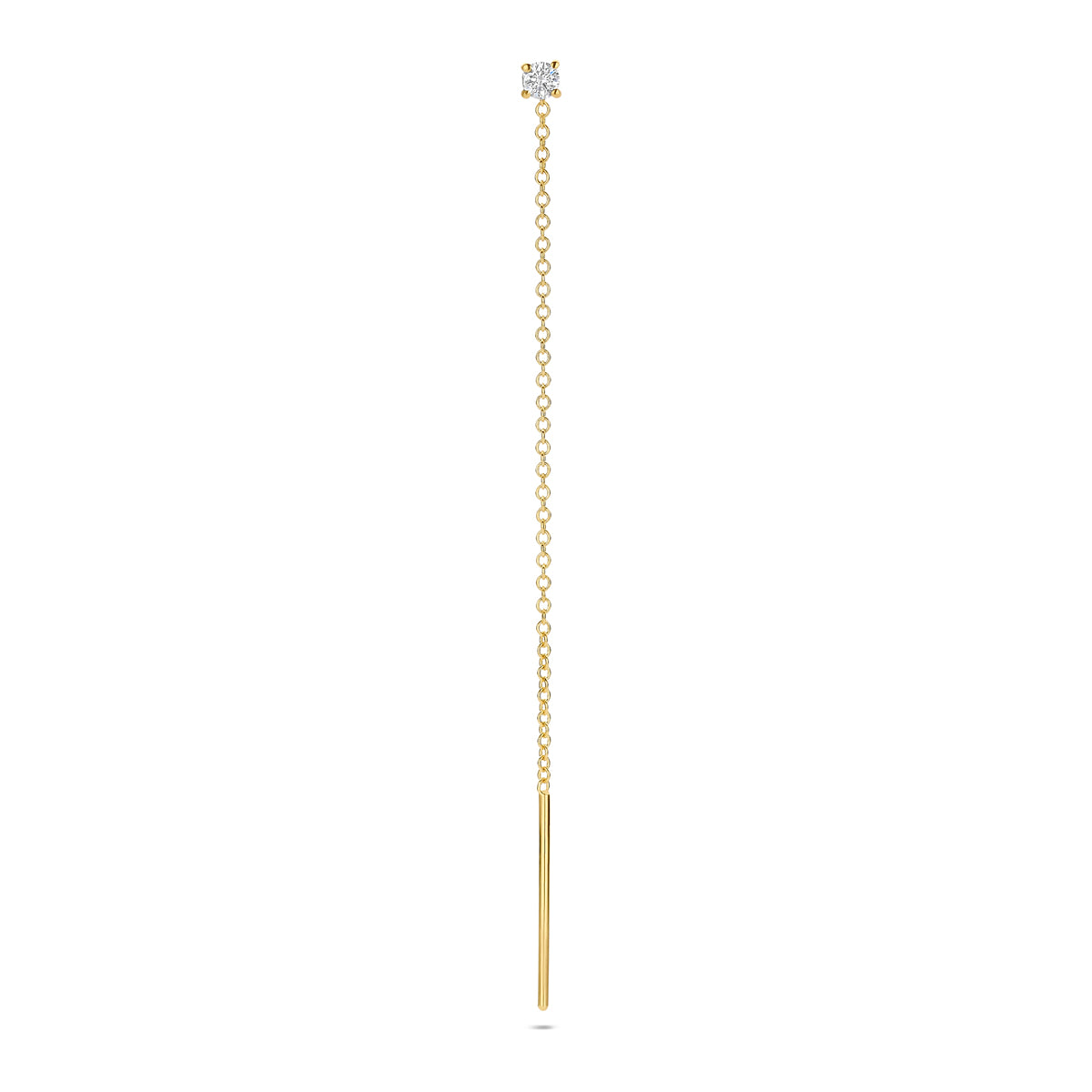 Vooraanzicht van de gouden doortrekoorbel met diamant van 14 karaat.