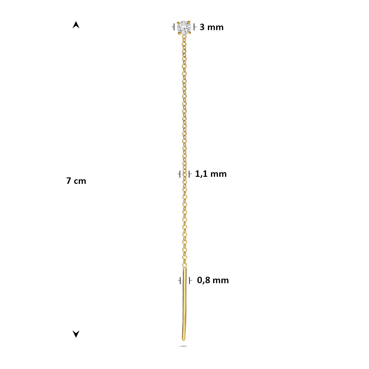 Afmetingen van de gouden doortrekoorbel met diamant van 14 karaat: 70 mm lang, steen 3 mm.