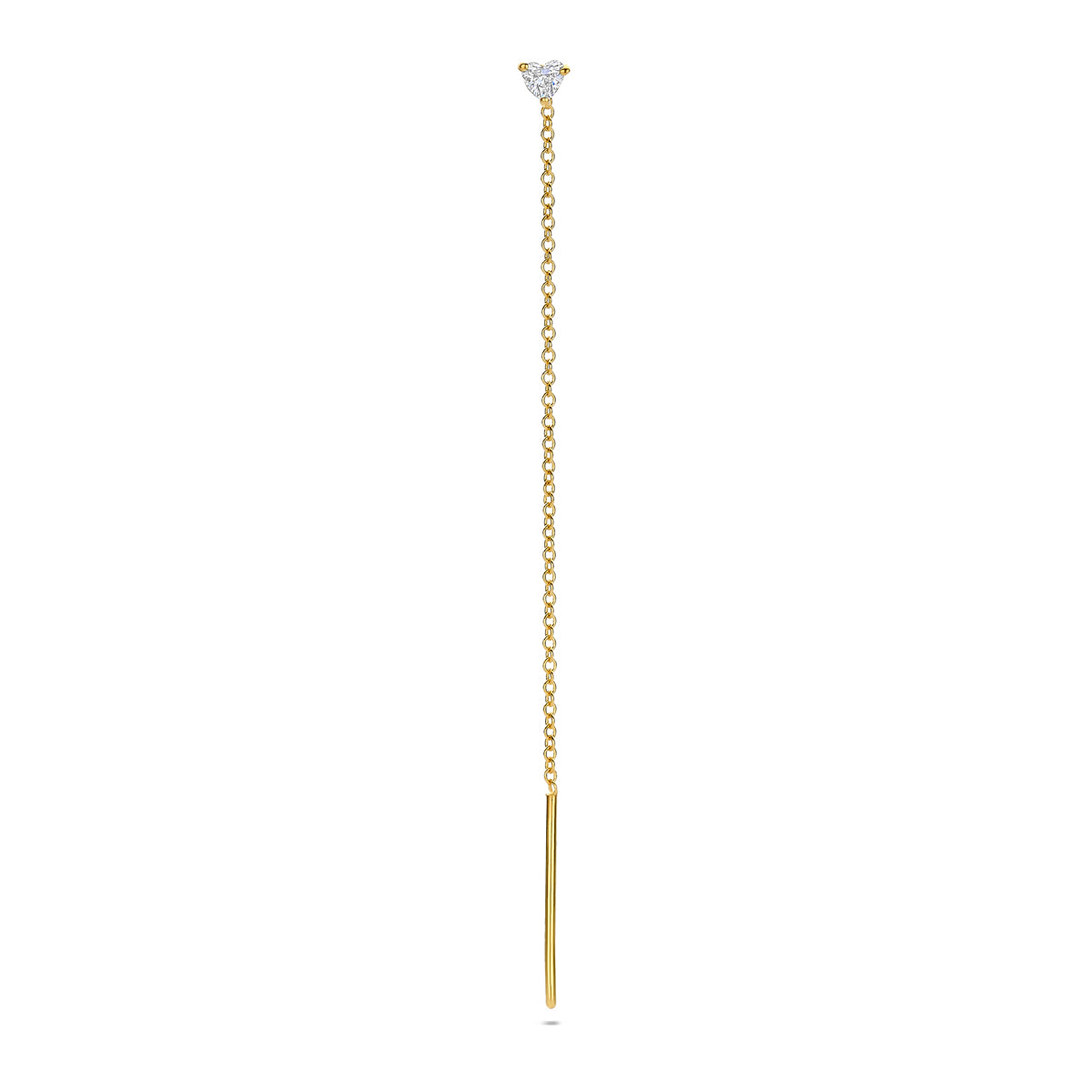Vooraanzicht van de gouden doortrekoorbel met hartvormige diamant van 14 karaat.