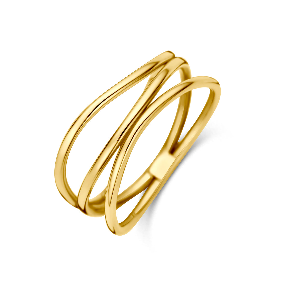 Schuin bovenaanzicht van de gouden drievoudige ring van 14 karaat.