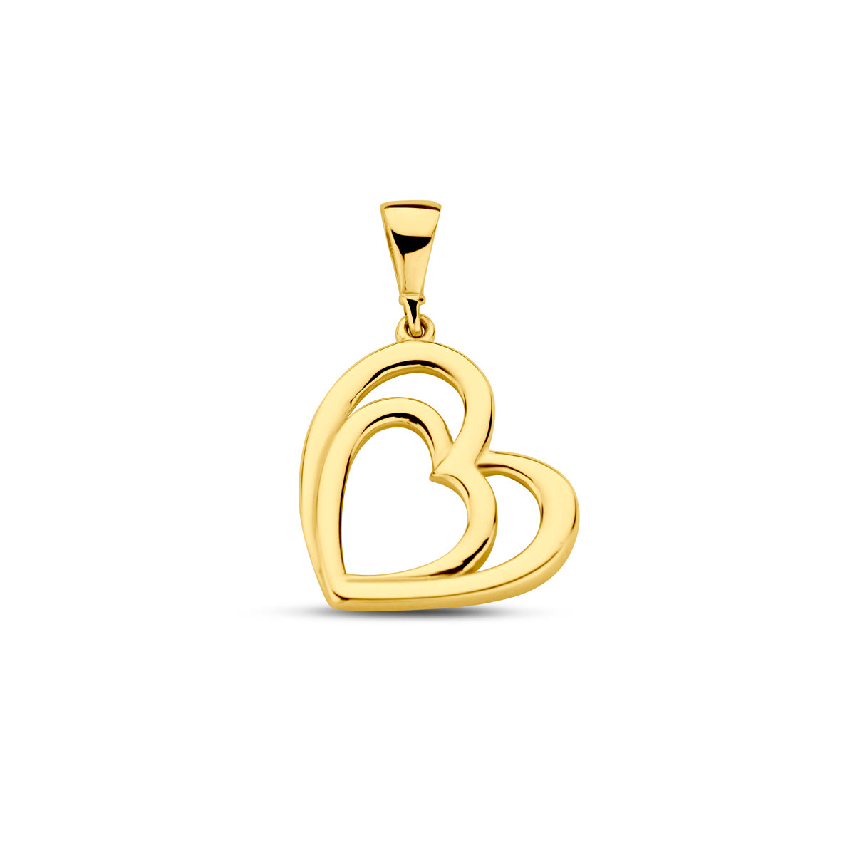 Vooraanzicht van de gouden dubbel hart hanger van 14 karaat.