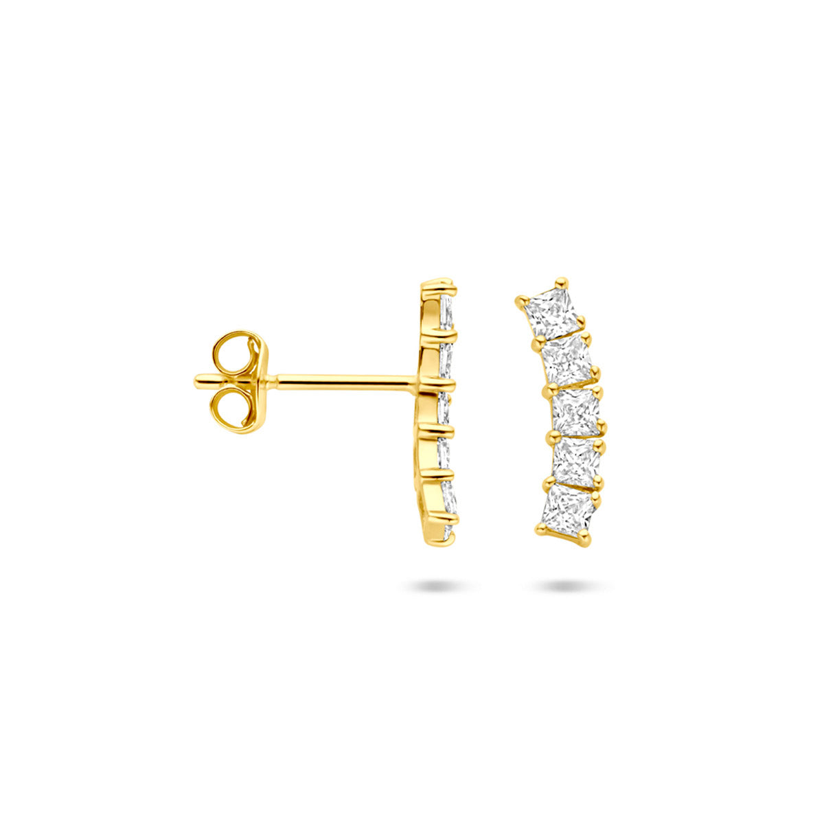 Voor- en zijaanzicht van de gouden ear climber oorknopjes met zirkonia van 14 karaat.