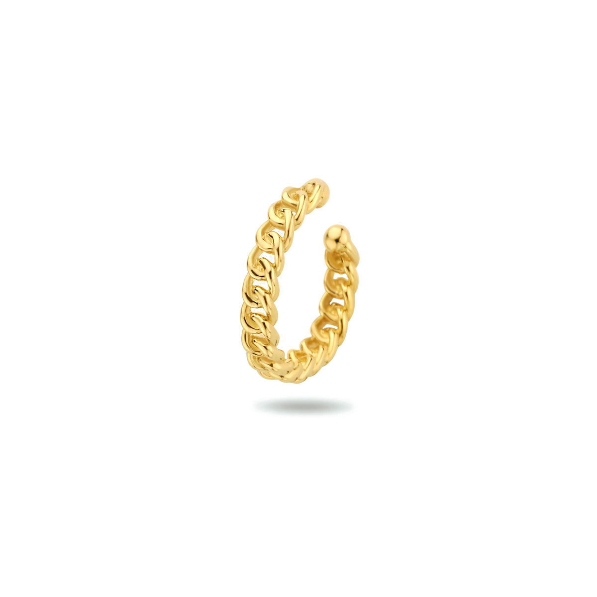 Vooraanzicht van de gouden ear cuff met schakelmotief van 14 karaat.