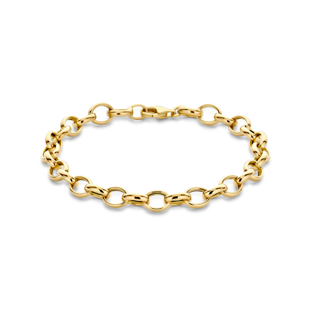 Vooraanzicht van de gouden fantasie schakelarmband van 14 karaat.