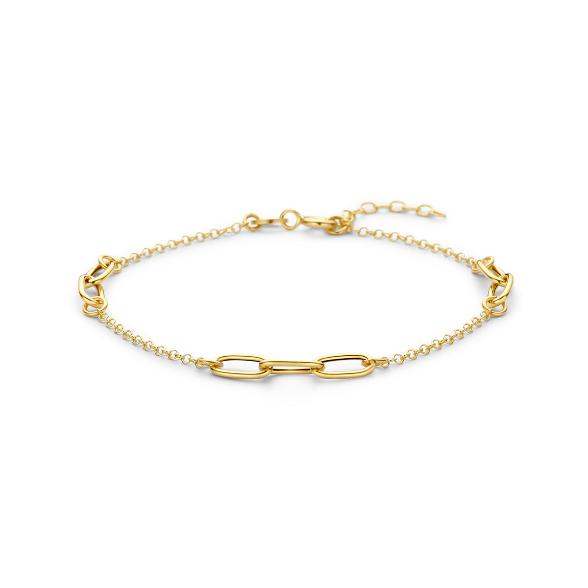 Vooraanzicht van de 14 karaat gouden fantasie schakelarmband, 17 cm lang met verlengstuk tot 19 cm.