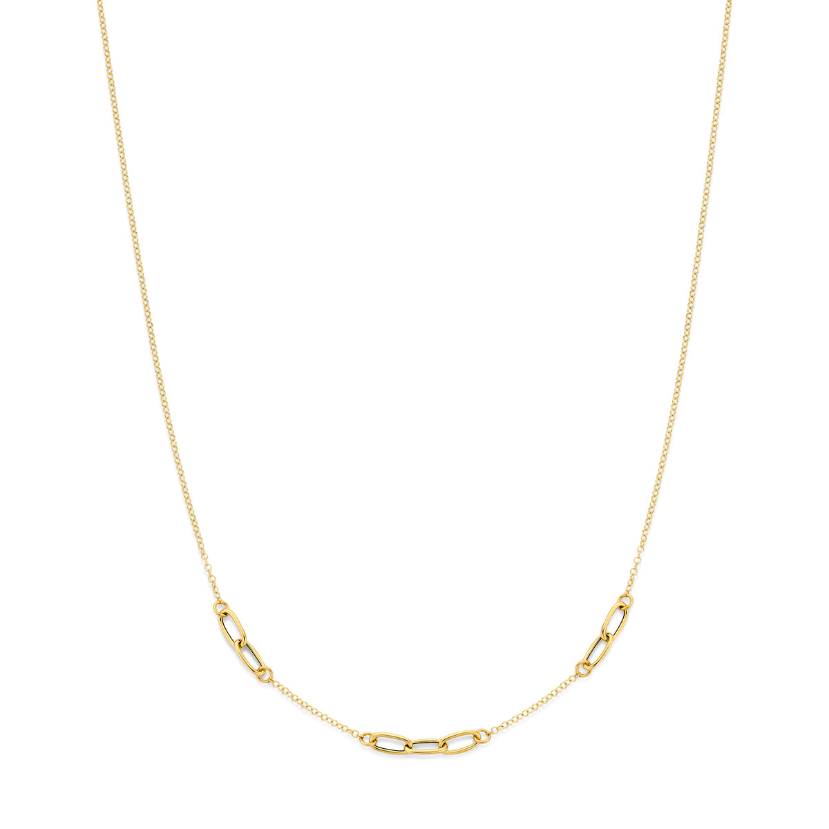 Vooraanzicht van de 14 karaat gouden fantasie schakelketting, 43 cm lang met verlengstuk tot 45 cm.