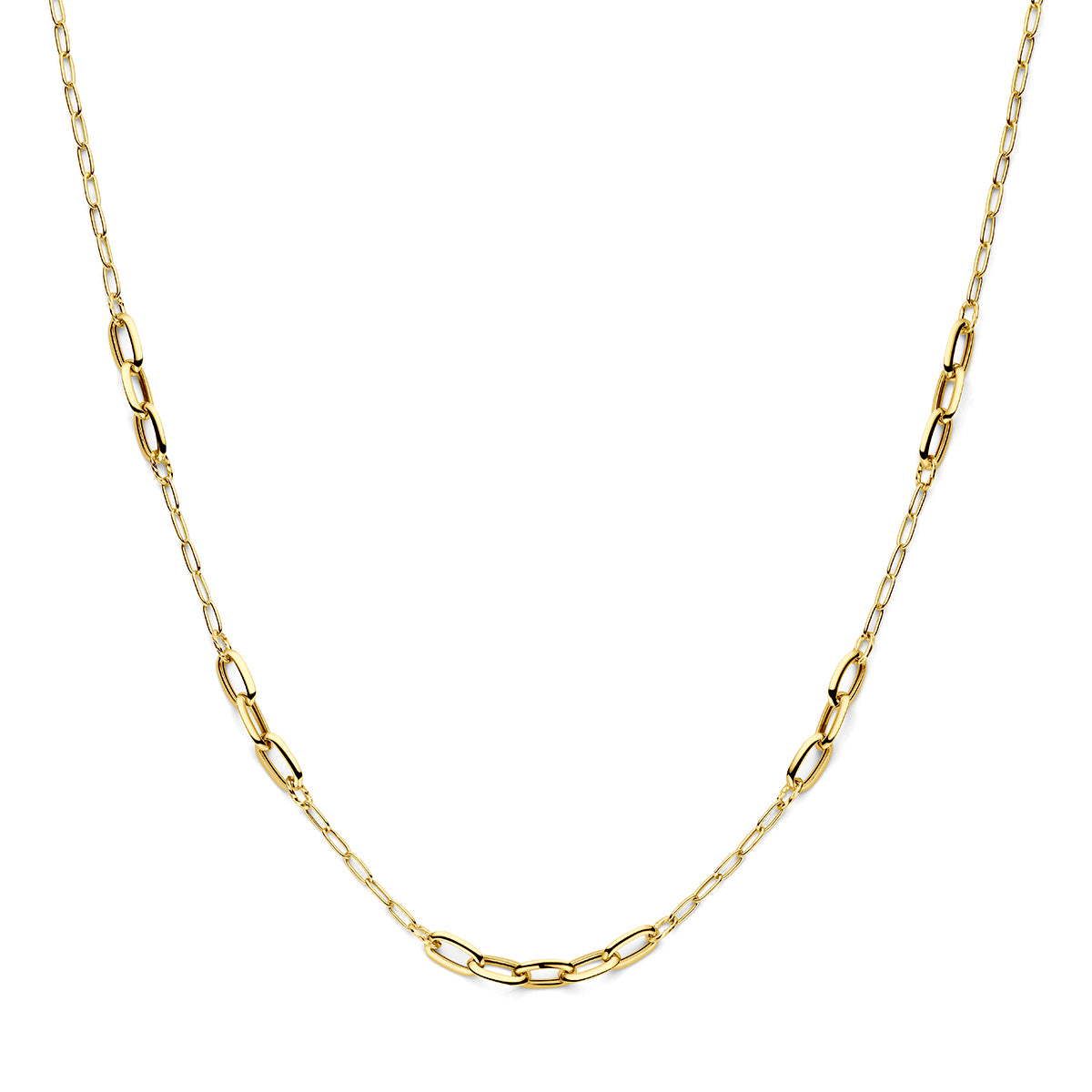 Vooraanzicht van de 14 karaat gouden fantasieschakelketting, 41 cm lang met verlengstuk tot 45 cm.