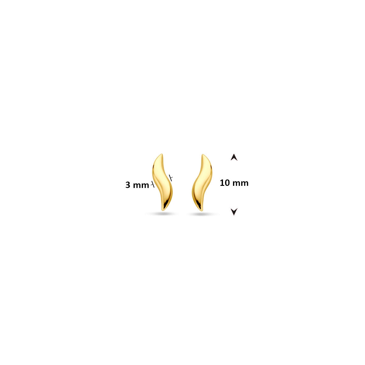 Afmetingen van de gouden gebogen oorknopjes van 14 karaat: 10 mm hoog en 3 mm breed.