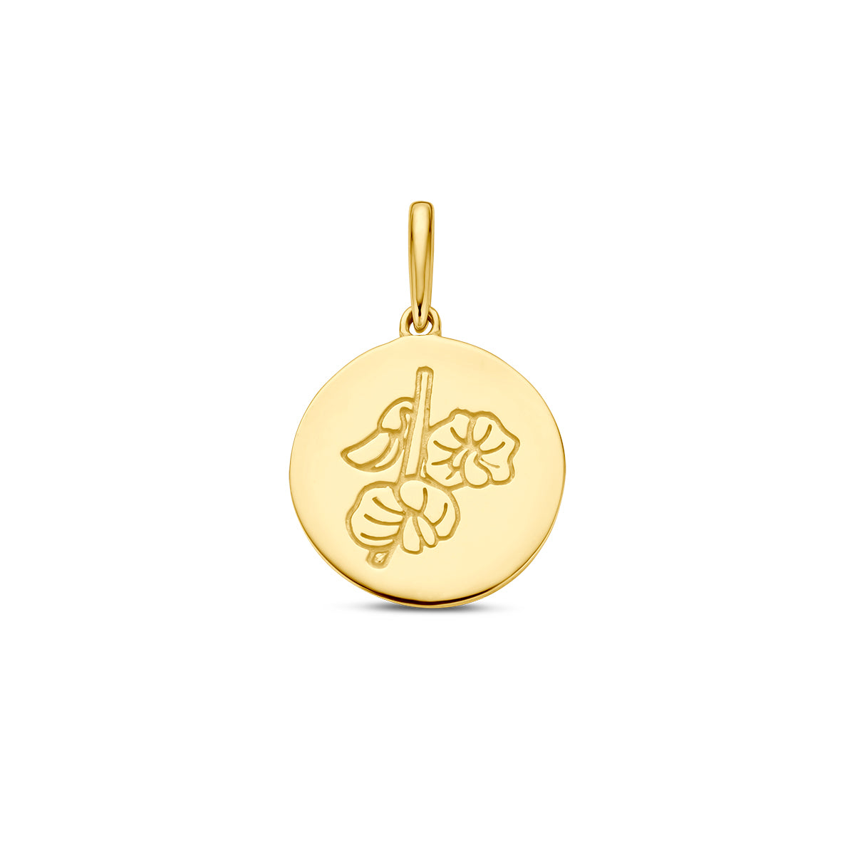 Vooraanzicht van de gouden geboortebloem hanger april van 14 karaat.