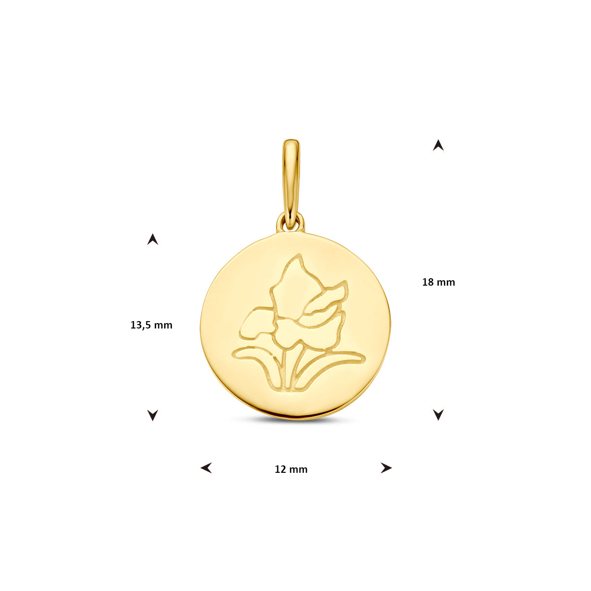 Afmetingen van de gouden geboortebloem hanger augustus van 14 karaat: 18 mm hoog inclusief oog, 13,5 mm zonder oog en 12 mm doorsnee.