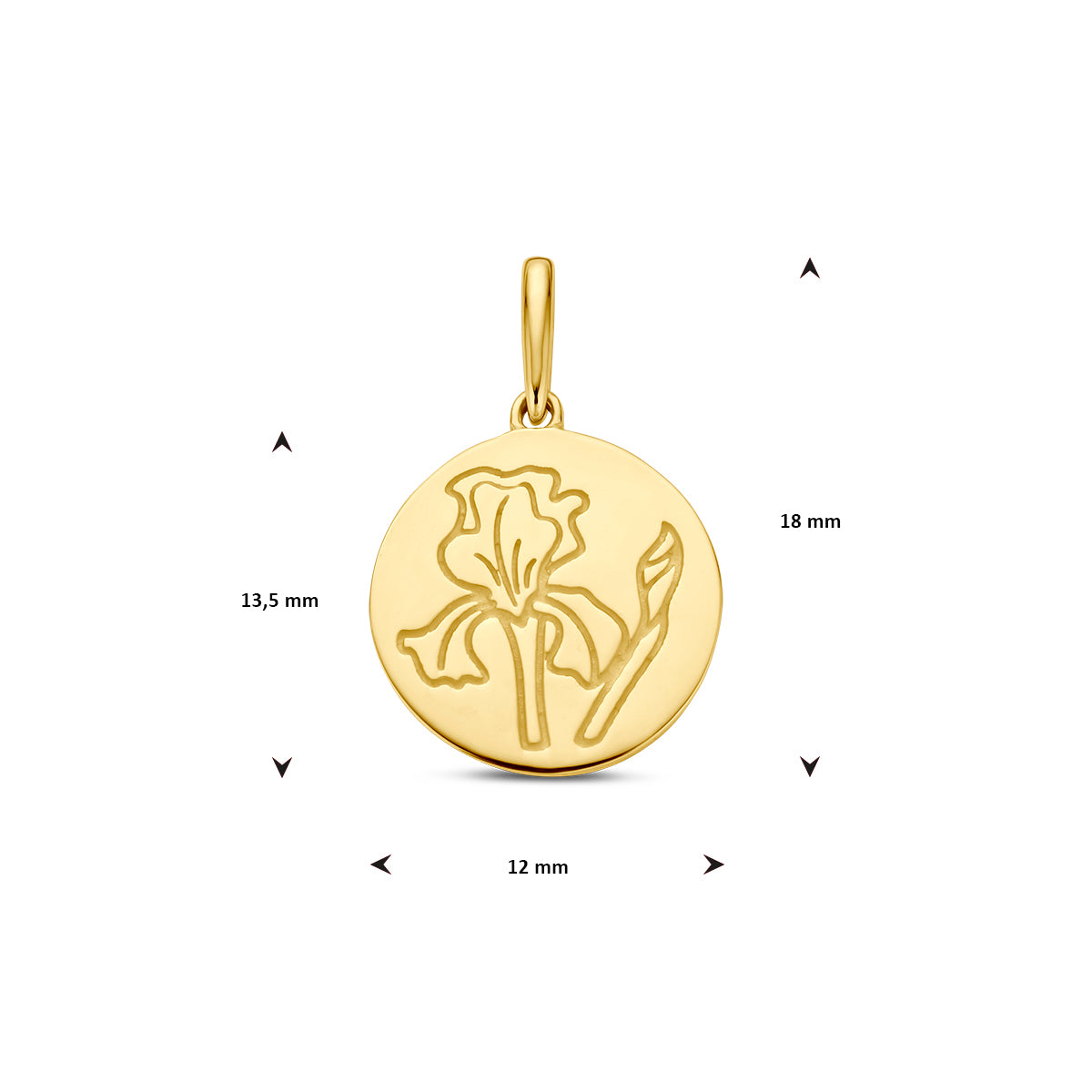 Afmetingen van de gouden geboortebloem hanger februari van 14 karaat: 18 mm hoog inclusief oog, 13,5 mm zonder oog en 12 mm doorsnee.