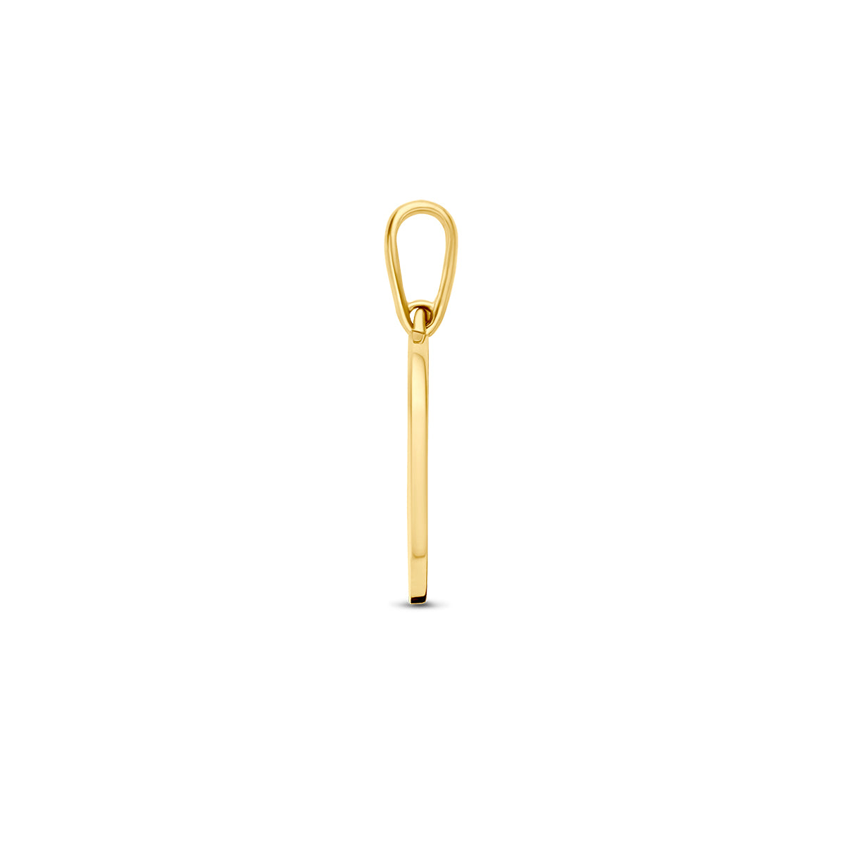 Zijaanzicht van de gouden geboortebloem hanger maart van 14 karaat.