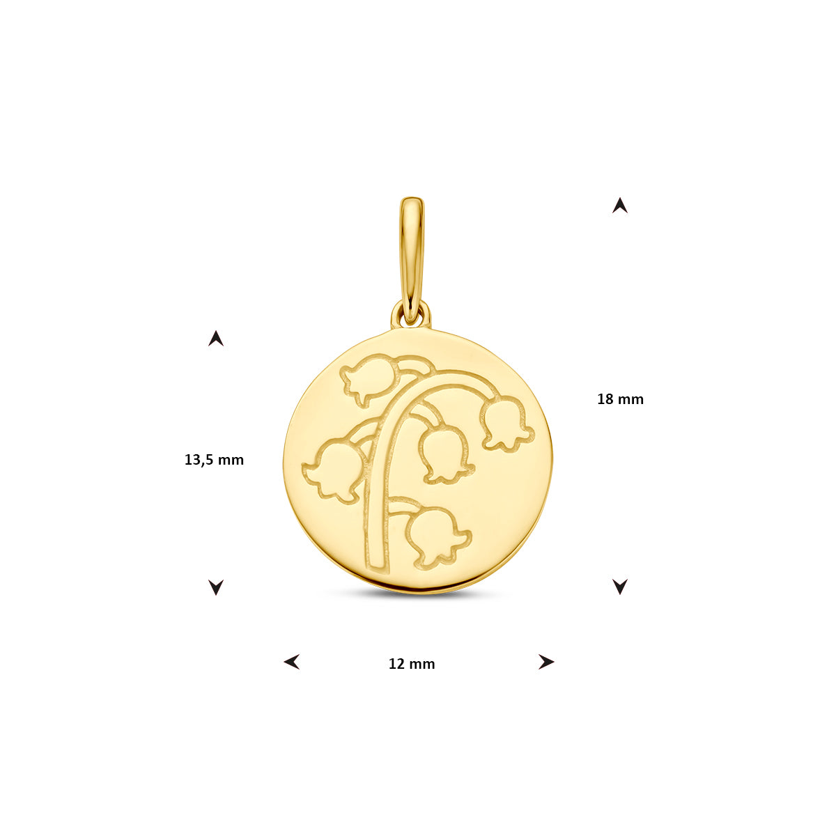 Afmetingen van de gouden geboortebloem hanger mei van 14 karaat: 18 mm hoog inclusief oog, 13,5 mm zonder oog en 12 mm doorsnee.