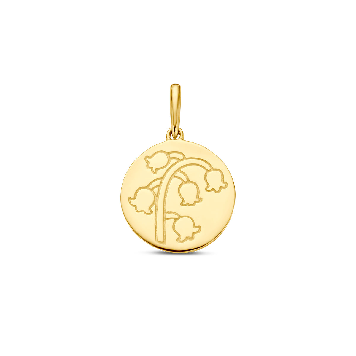 Vooraanzicht van de gouden geboortebloem hanger mei van 14 karaat.