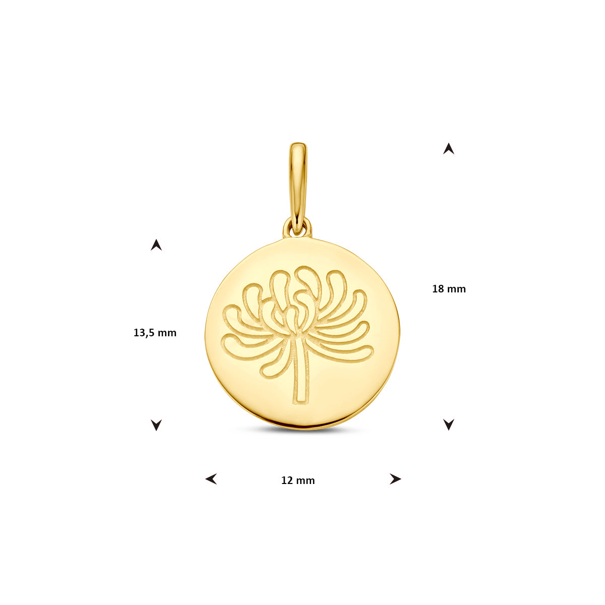 Afmetingen van de gouden geboortebloem hanger november van 14 karaat: 18 mm hoog inclusief oog, 13,5 mm zonder oog en 12 mm doorsnee.
