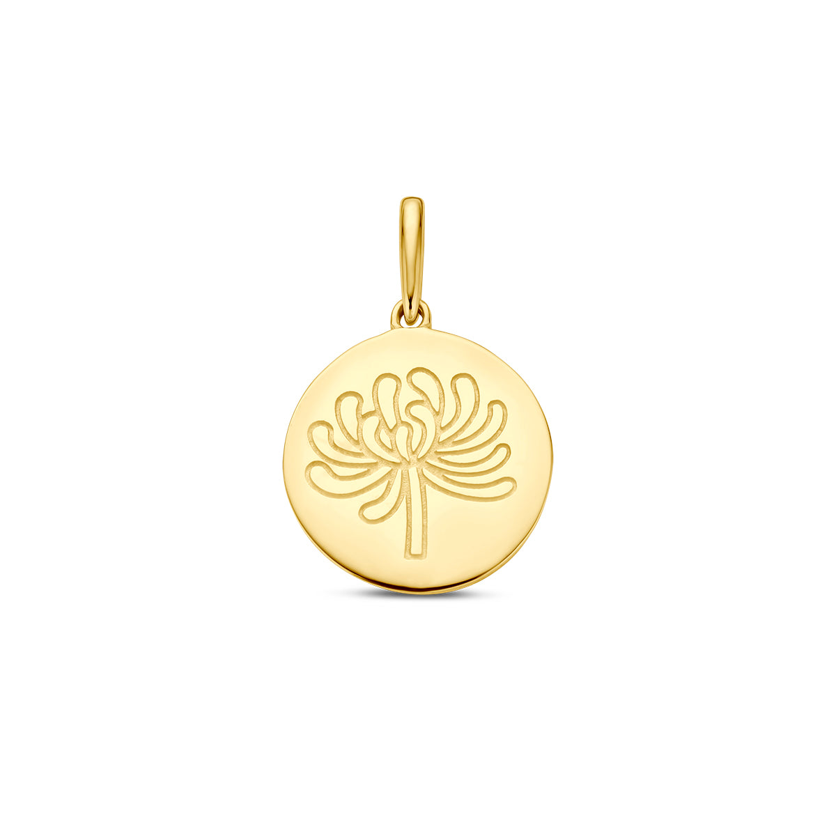 Vooraanzicht van de gouden geboortebloem hanger november van 14 karaat.